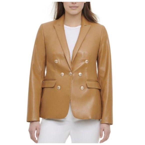 Calvin Klein Faux-Leather Blazer Brown 4 NWT! - Picture 1 of 4